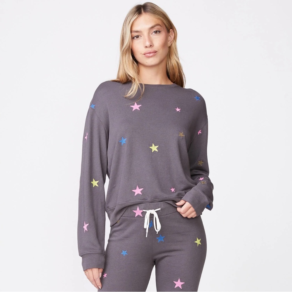 Monrow Embroidered Color Stars Boyfriend Sweatshirt